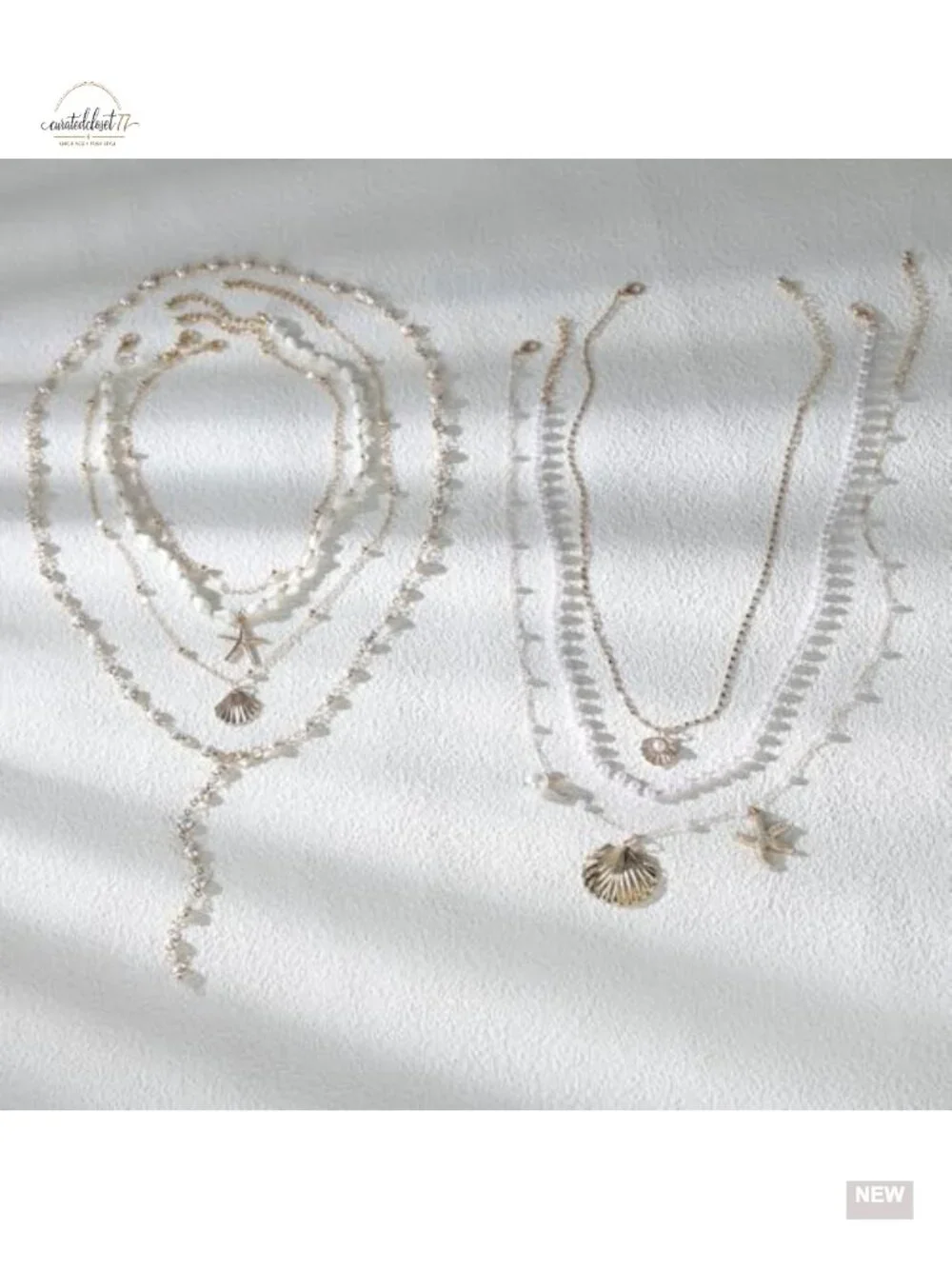 Gold Chain Shell Pearl Layered Beach Necklace Set